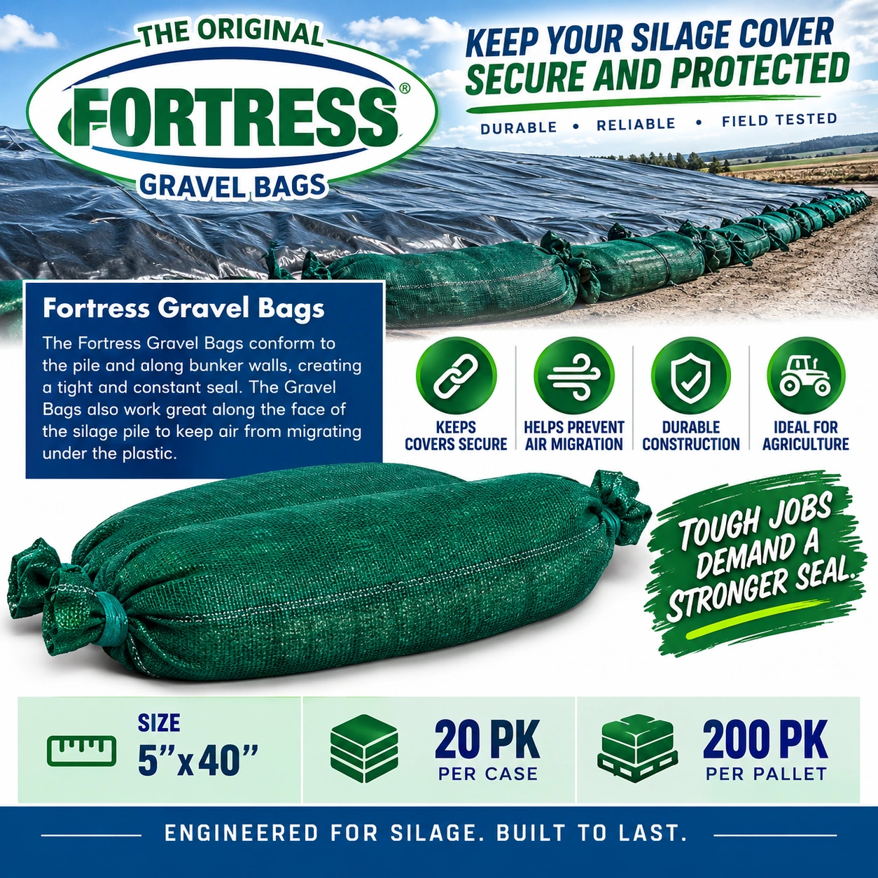 Fortress Gravel Bags with green bags securing a silage-cover edge, close-up bag and size and packaging information