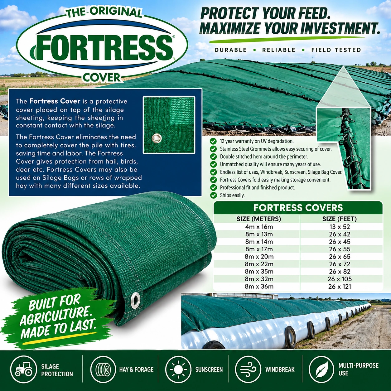 Fortress protective silage covers with green cover over a silage pile, folded cover, grommet details and size guide