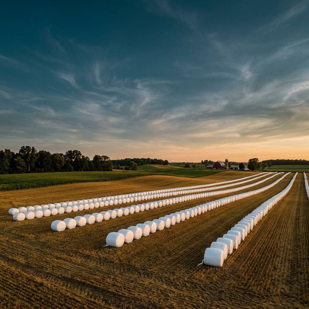 Rows of wrapped round bales across a farm field at golden hour