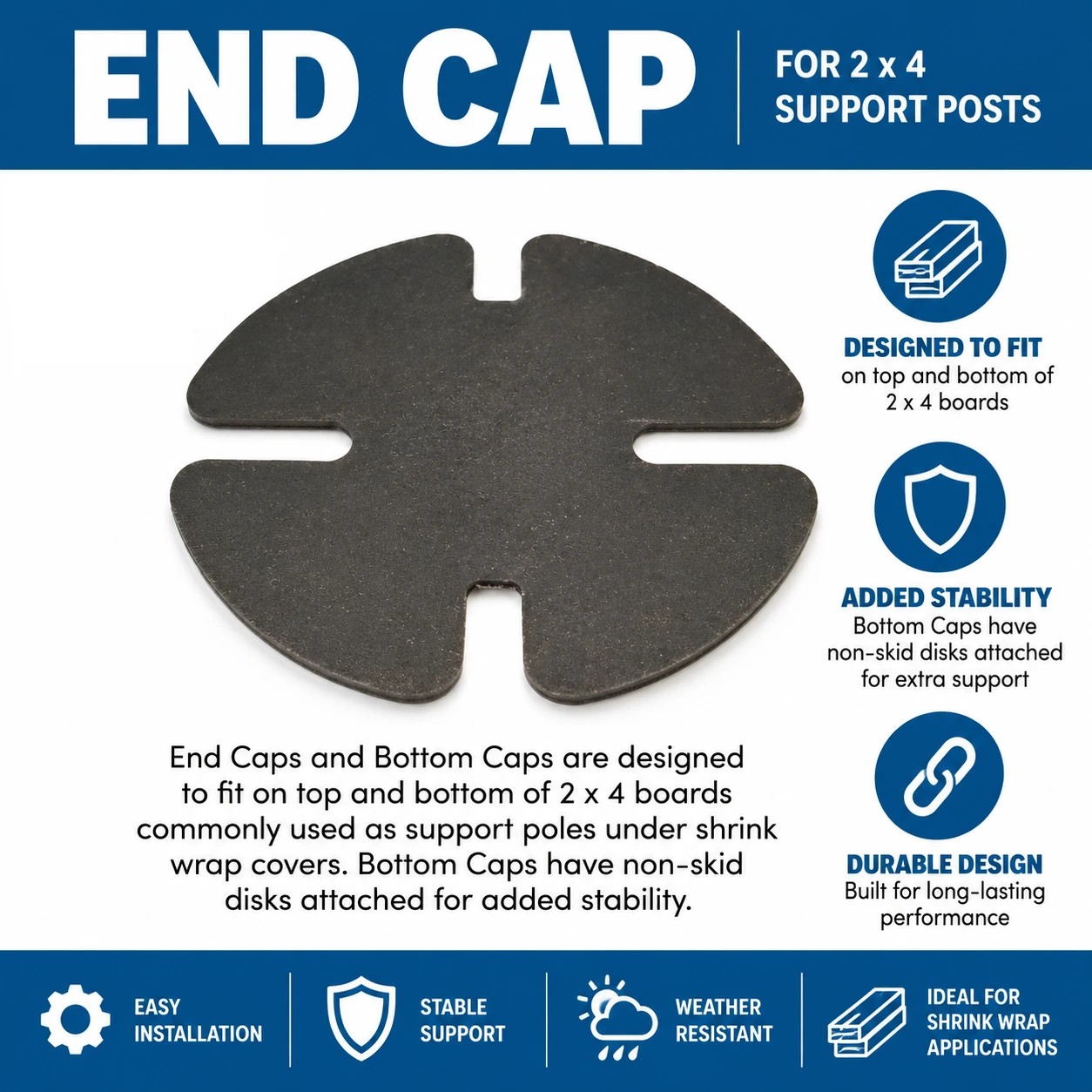 Marine End Cap feature sheet showing a dark cap for 2 x 4 shrink-wrap support posts and explaining bottom-cap non-skid disks