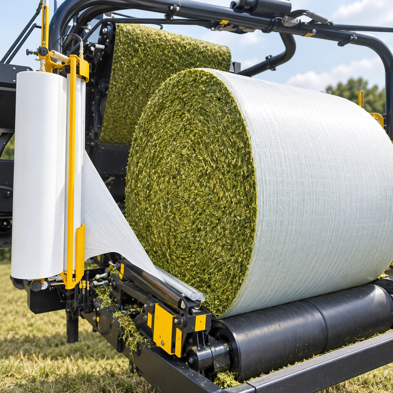 Net Replacement Film being applied to a silage bale in a baler