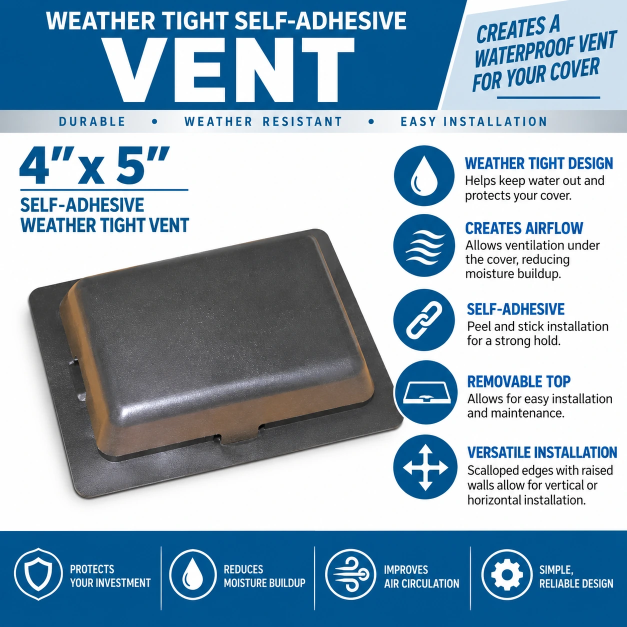 4 x 5-inch Weather-Tight Self-Adhesive Vent feature sheet showing the dark vent, removable top and airflow and installation features