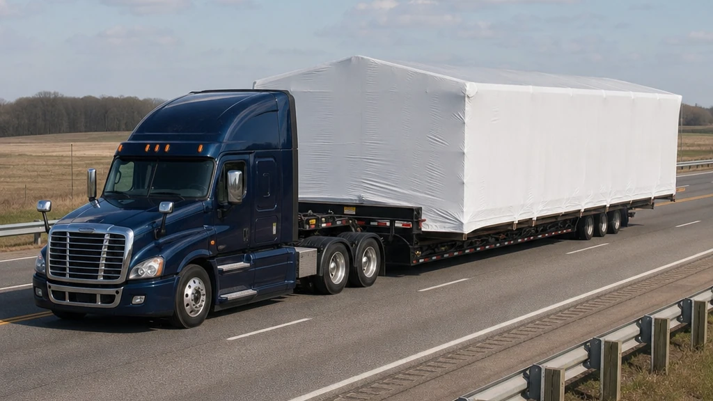 Truck hauling a white shrink-wrapped mobile home along a highway