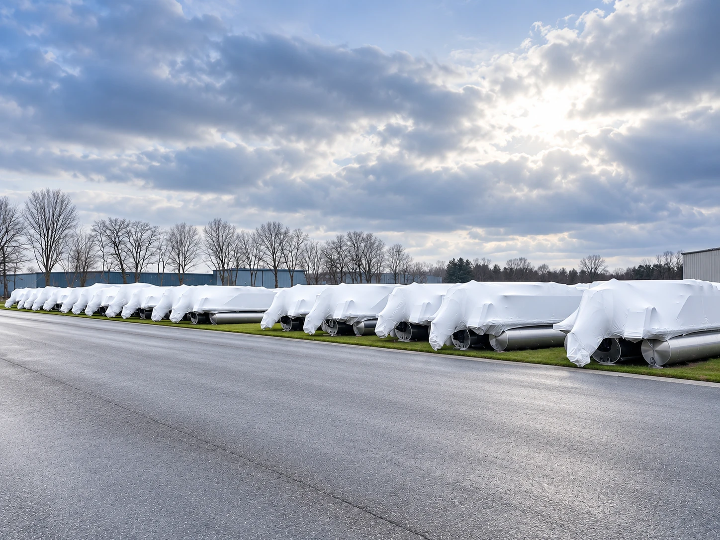 A long row of white shrink-wrapped pontoon boats beside a paved storage-yard lane