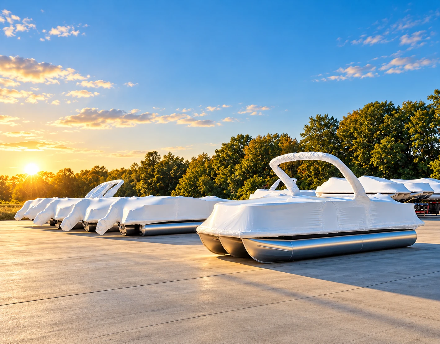 White shrink-wrapped pontoon boats in paved outdoor storage at sunset